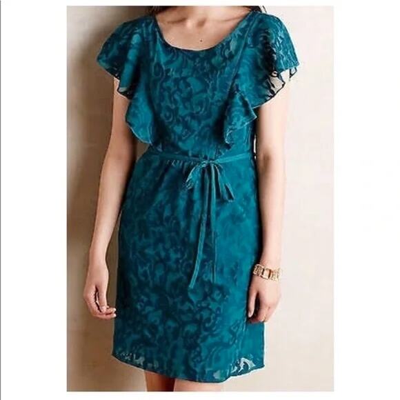Anthropologie Moulinette Soeurs Teal Green Embroidered Flutter Dress SZ 2 - Picture 2 of 9